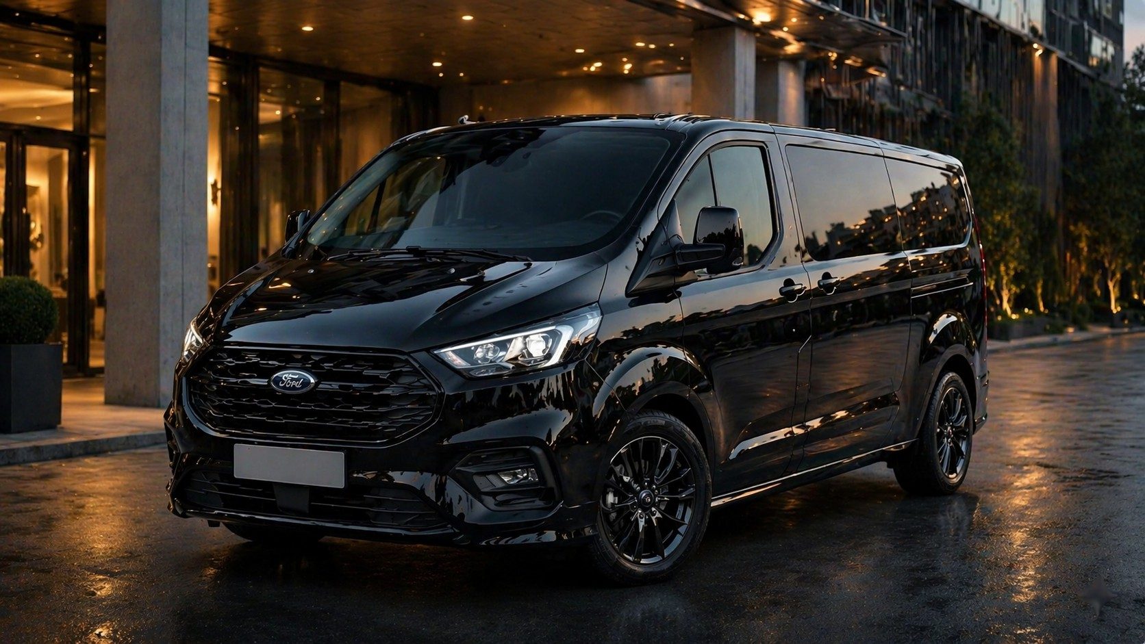 Private transfer vehicle at an entrance at twilight